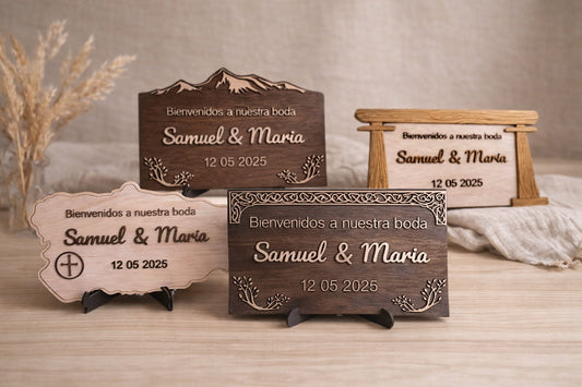 Cartel de bienvenida de boda en madera personalizado