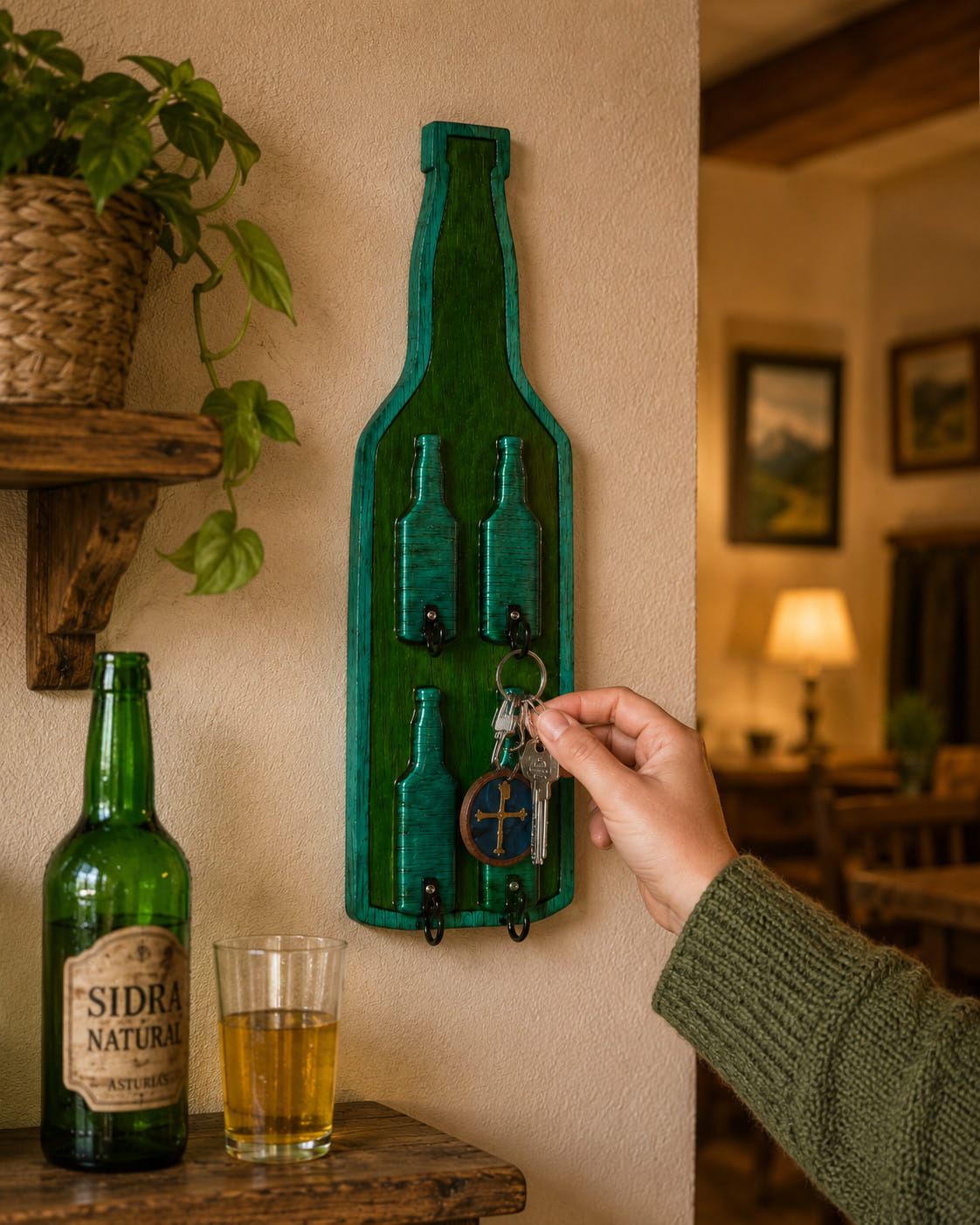 Colgador de Llaves Asturiano Botella de Sidra en Madera y Resina