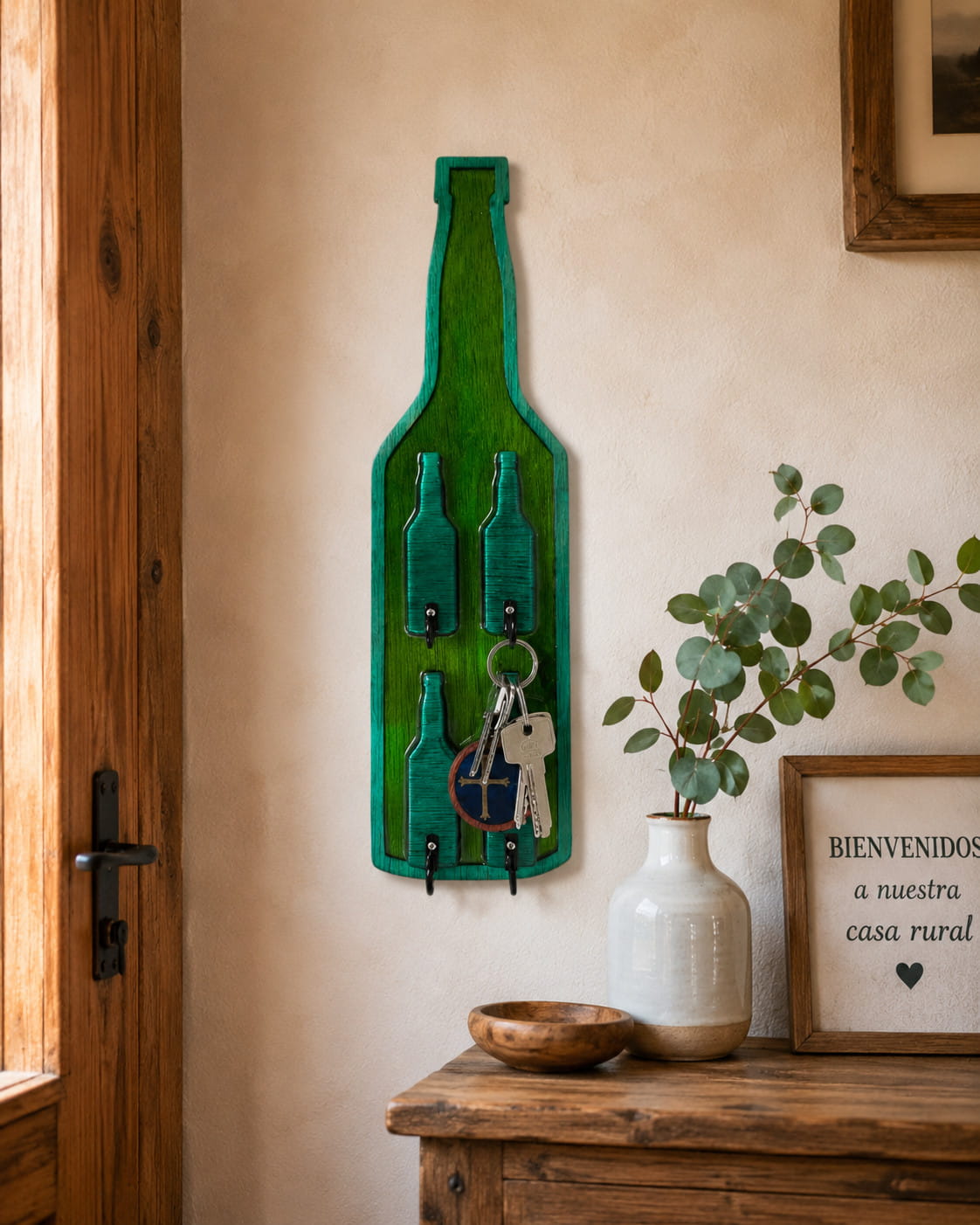Colgador de Llaves Asturiano Botella de Sidra en Madera y Resina