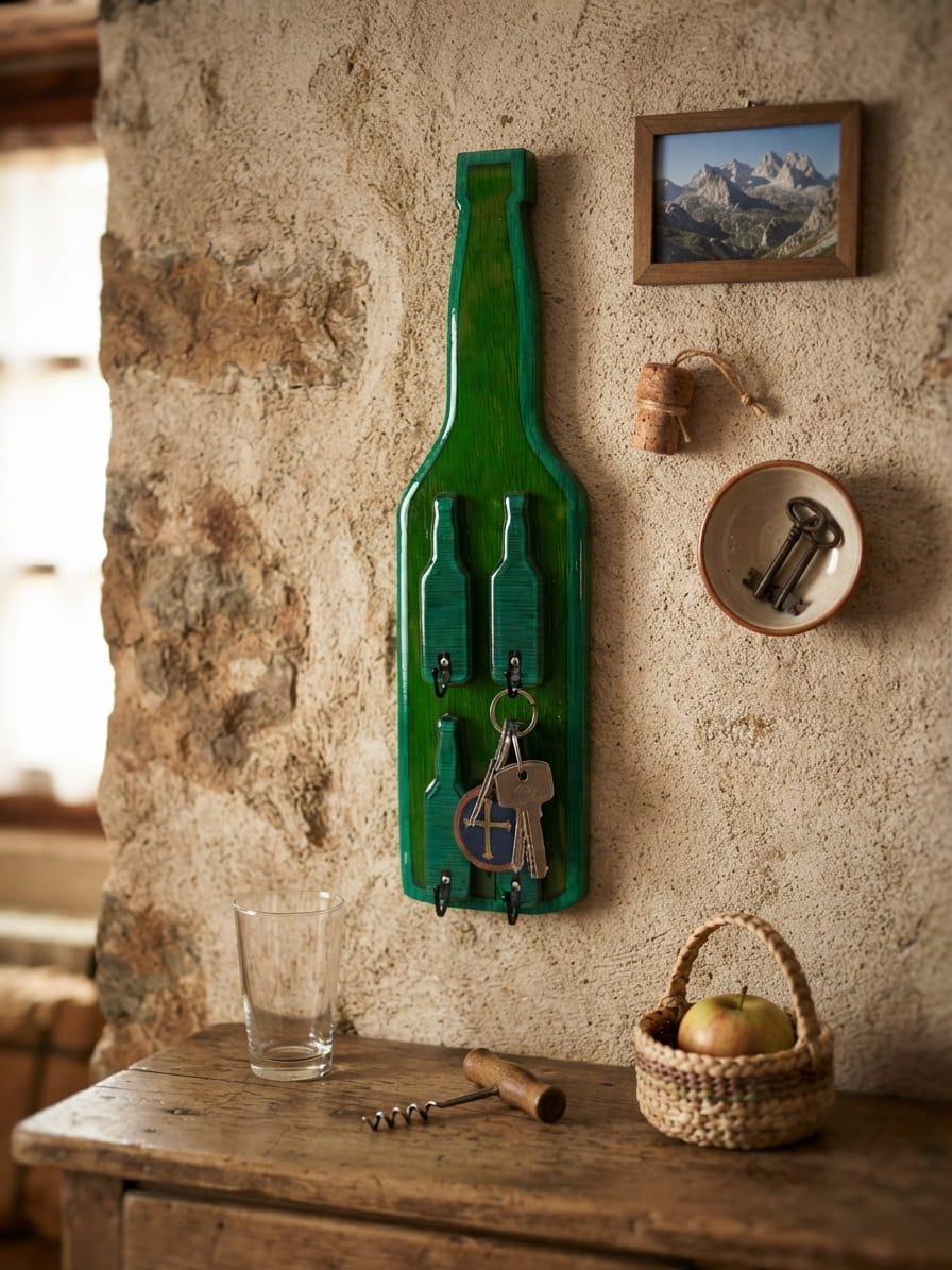 Colgador de Llaves Asturiano Botella de Sidra en Madera y Resina