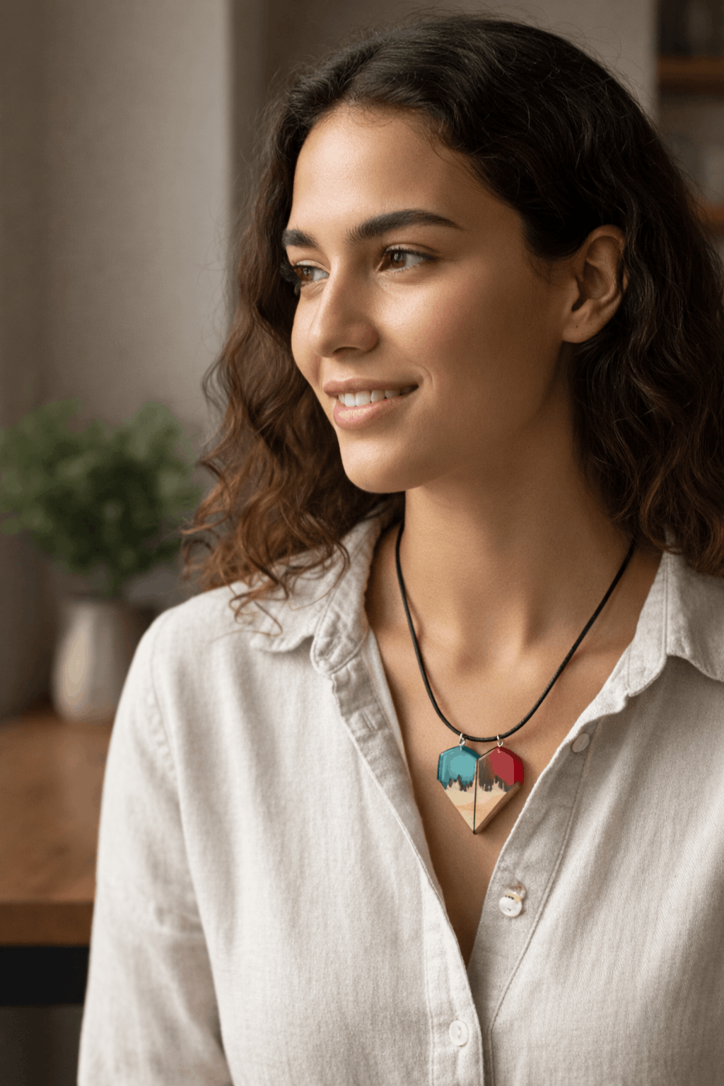 Colgante artesanal “Corazón” – Madera y resina Conjunto de dos piezas