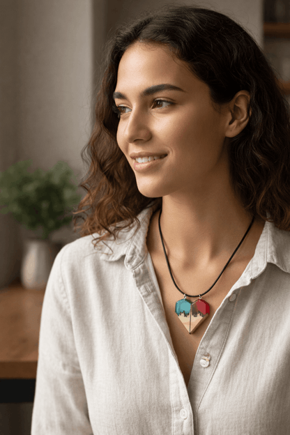 Colgante artesanal “Corazón” – Madera y resina Conjunto de dos piezas