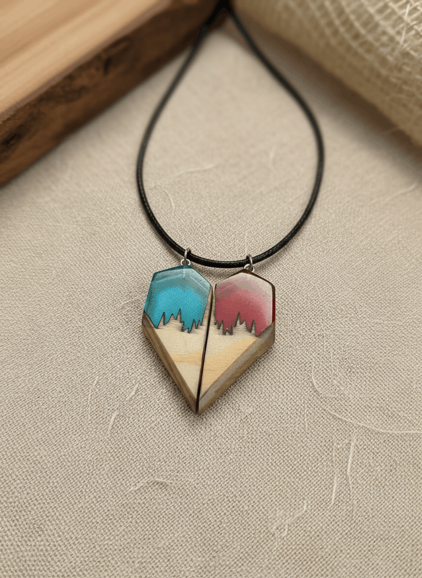 Colgante artesanal “Corazón” – Madera y resina Conjunto de dos piezas
