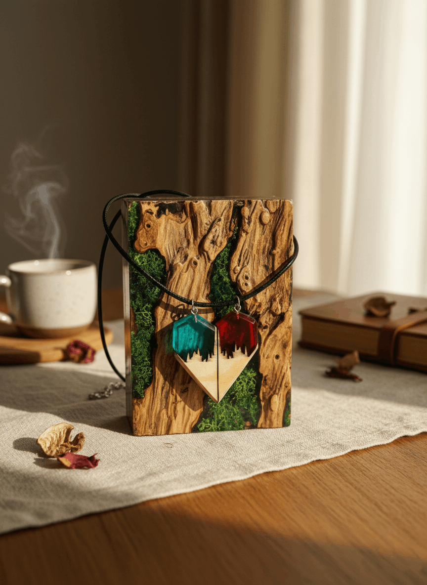 Colgante artesanal “Corazón” – Madera y resina Conjunto de dos piezas