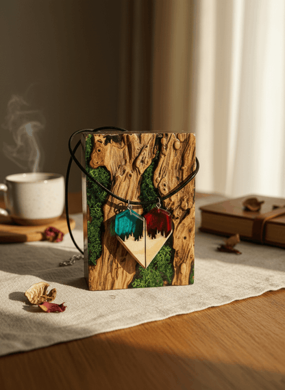 Colgante artesanal “Corazón” – Madera y resina Conjunto de dos piezas
