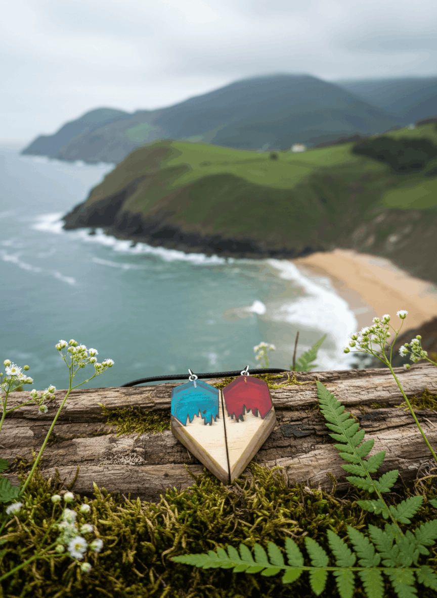 Colgante artesanal “Corazón” – Madera y resina Conjunto de dos piezas