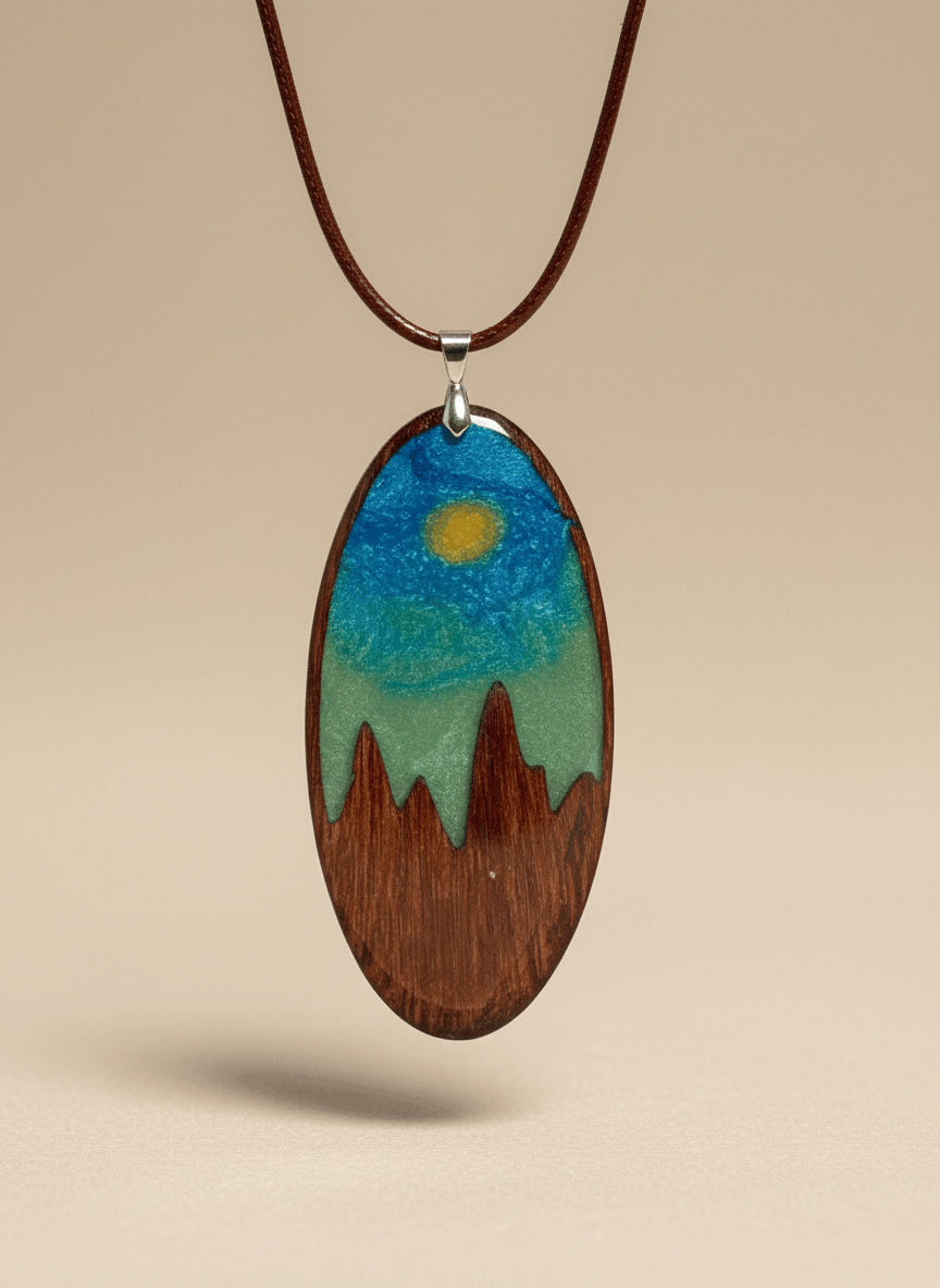 Colgante artesanal “Cumbres” – Madera y resina