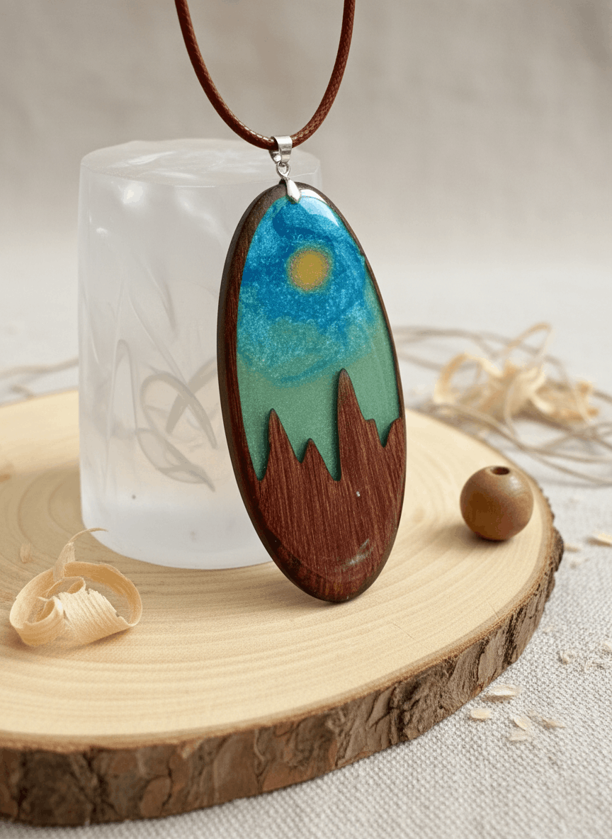 Colgante artesanal “Cumbres” – Madera y resina