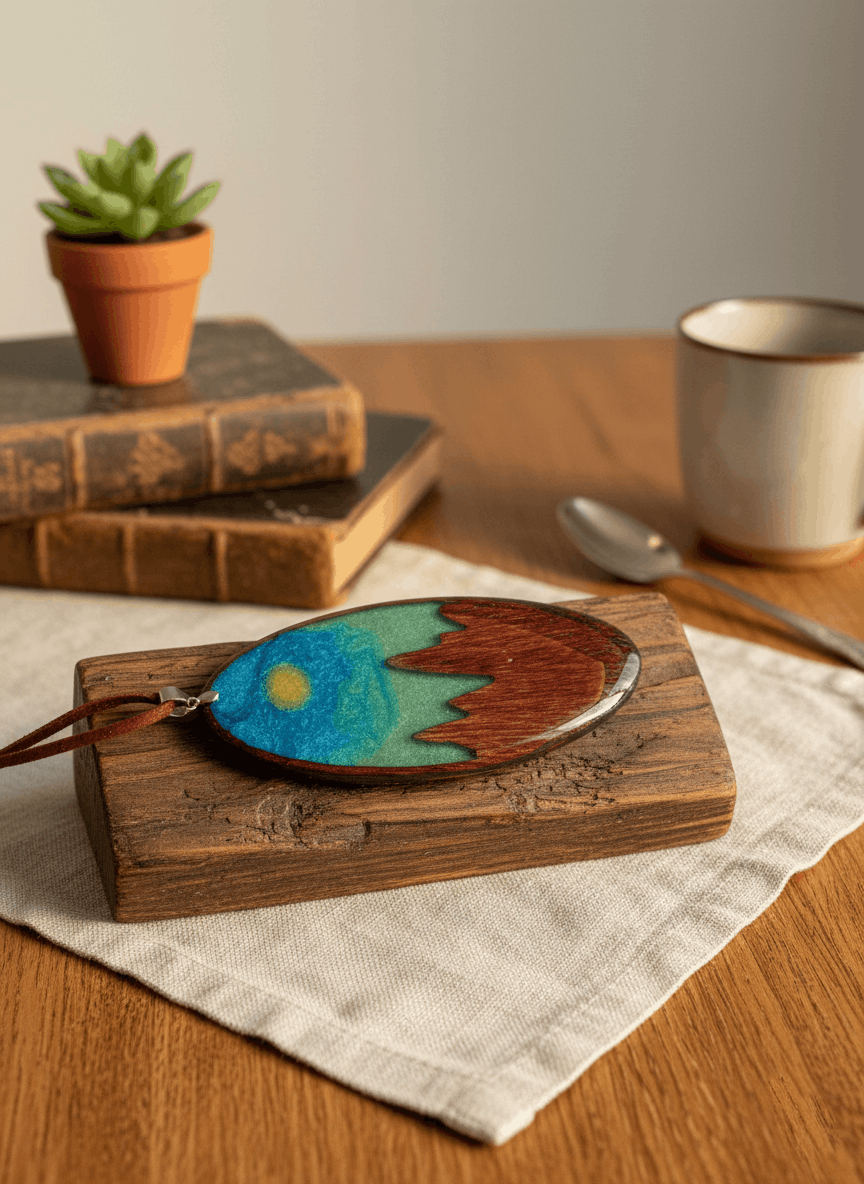 Colgante artesanal “Cumbres” – Madera y resina