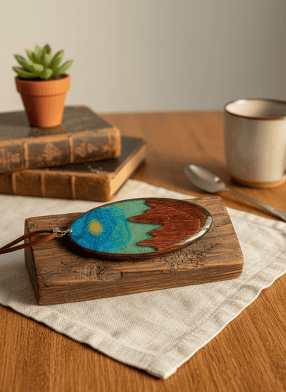 Colgante artesanal “Cumbres” – Madera y resina