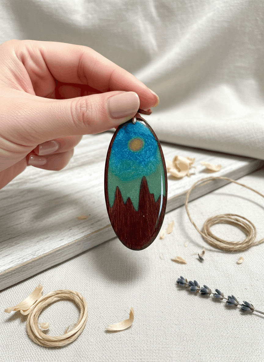 Colgante artesanal “Cumbres” – Madera y resina