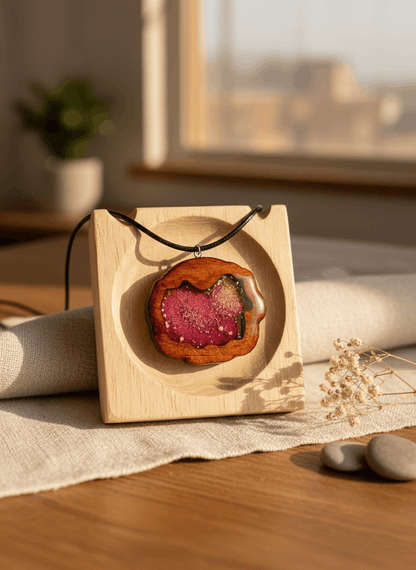Colgante artesanal “Latido” – Madera y resina
