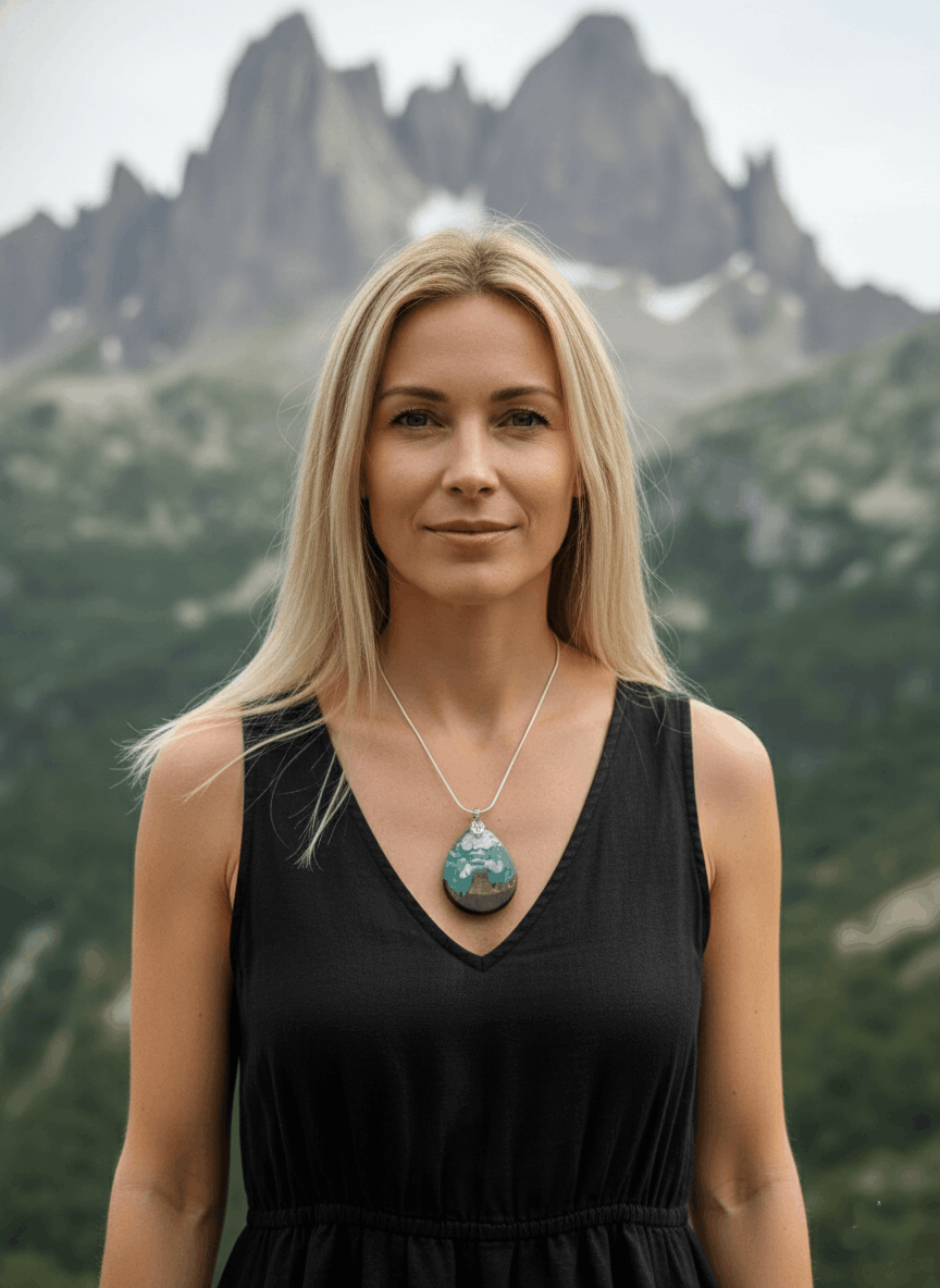 Colgante artesanal Naranjo de Bulnes – Madera oscura y resina