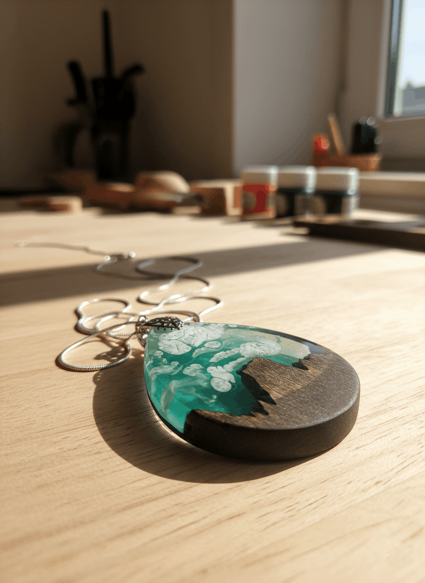 Colgante artesanal Naranjo de Bulnes – Madera oscura y resina
