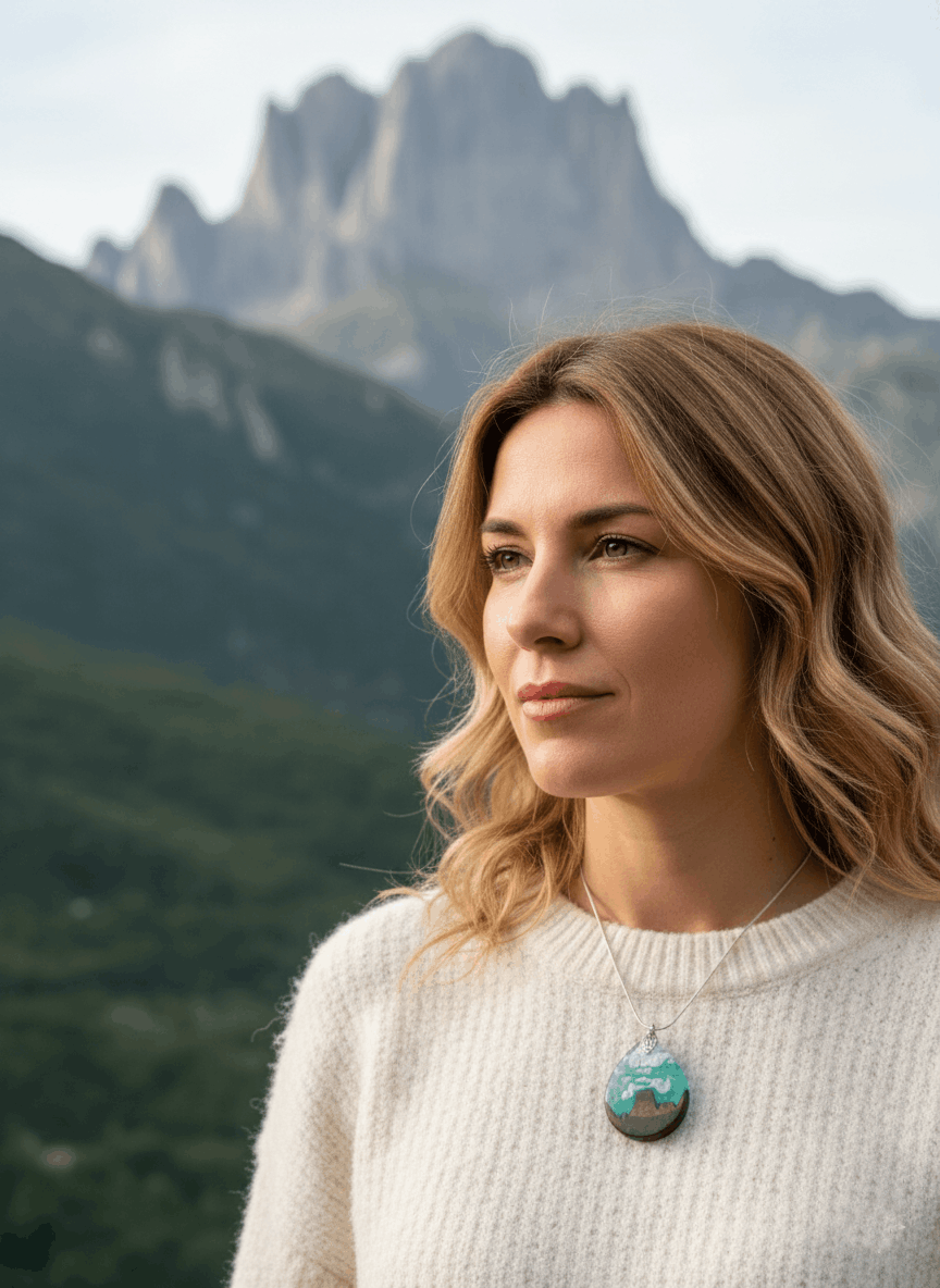 Colgante artesanal Naranjo de Bulnes – Madera oscura y resina