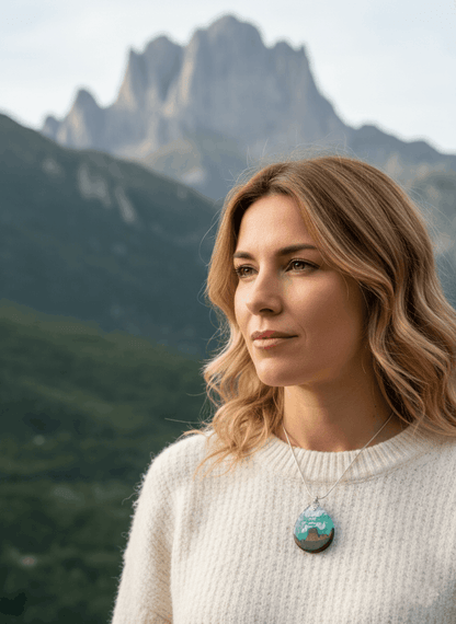 Colgante artesanal Naranjo de Bulnes – Madera oscura y resina