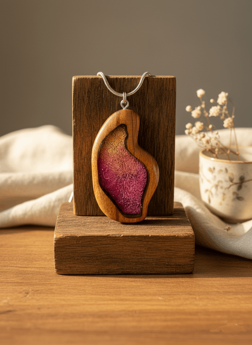 Colgante artesanal “Núcleo” – Madera y resina