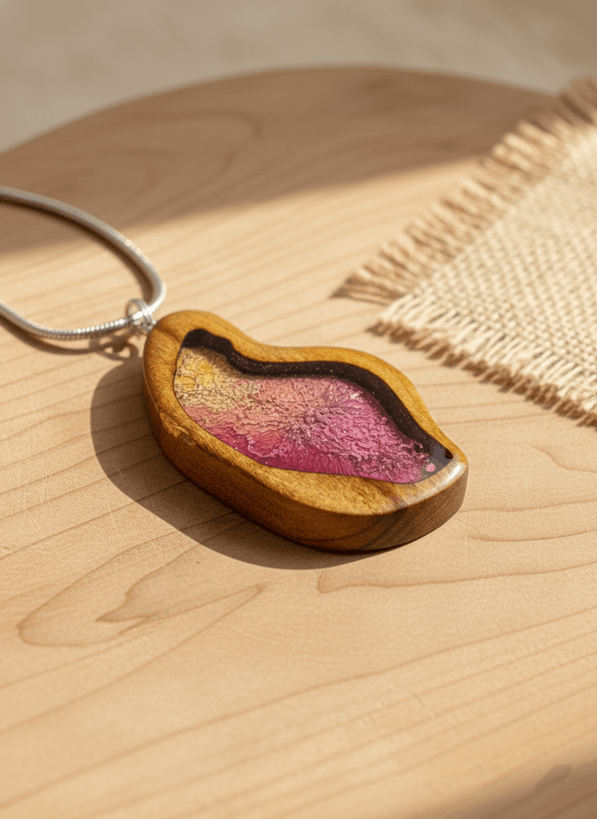 Colgante artesanal “Núcleo” – Madera y resina