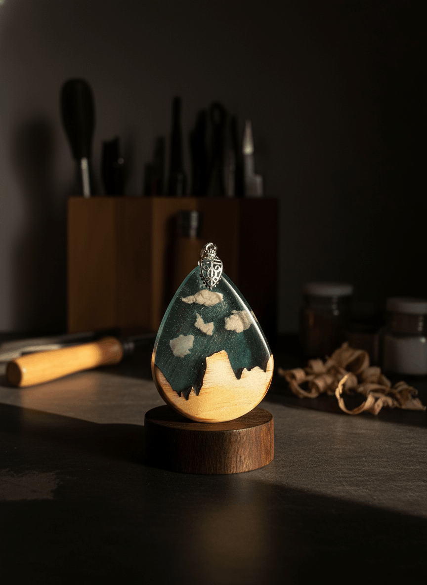 Colgante artesanal Picu Urriellu en madera y resina – Madera clara