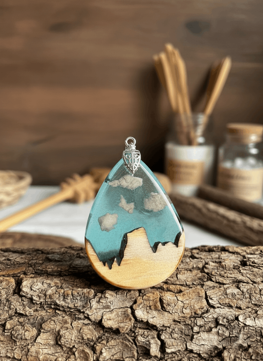 Colgante artesanal Picu Urriellu en madera y resina – Madera clara