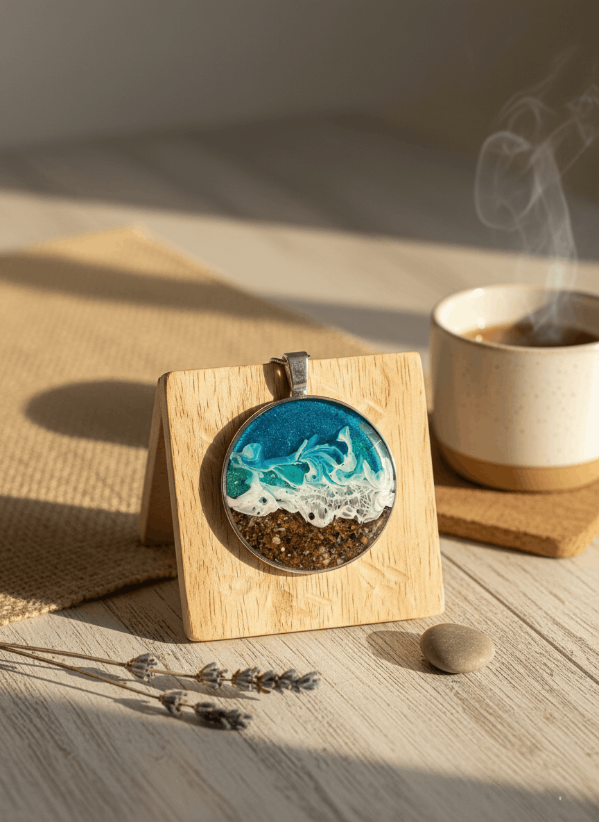 Colgante artesanal “Playa” – Madera y resina