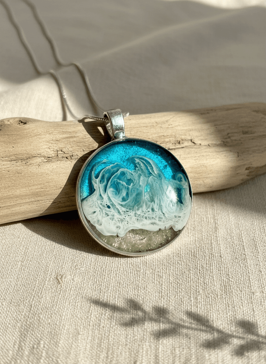 Colgante artesanal “Playa” – Madera y resina