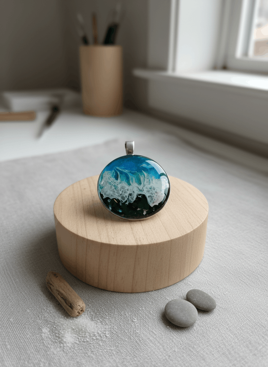 Colgante artesanal “Playa” – Madera y resina