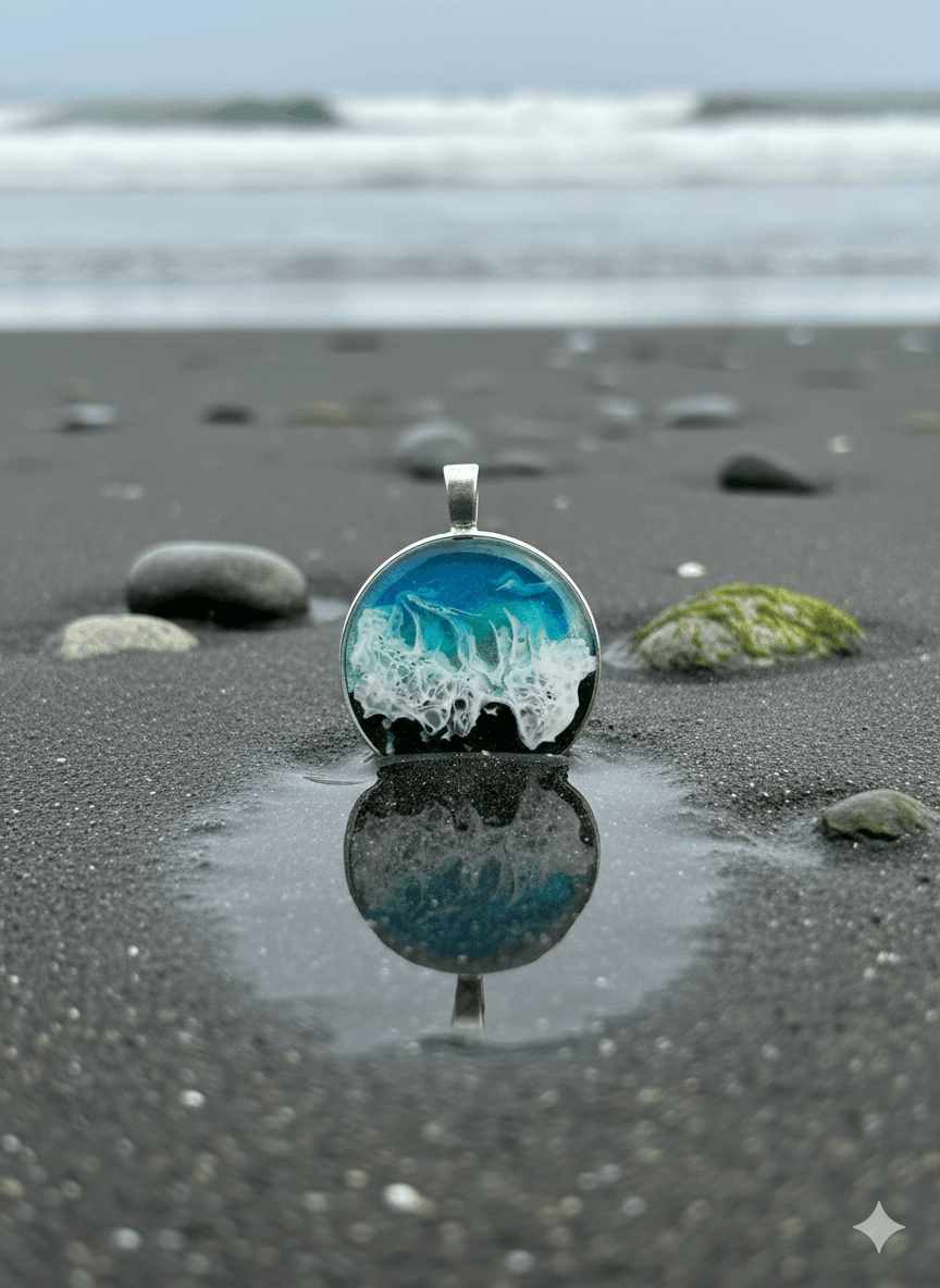 Colgante artesanal “Playa” – Madera y resina