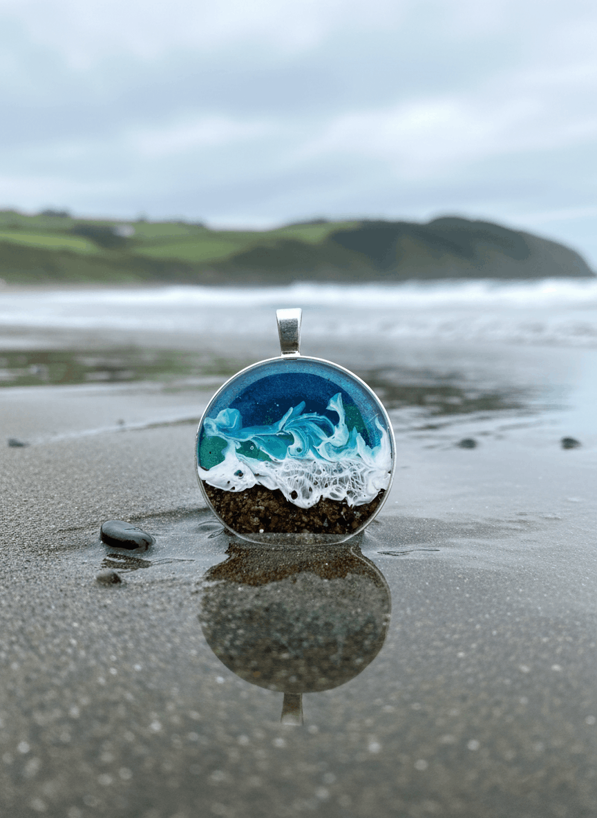 Colgante artesanal “Playa” – Madera y resina
