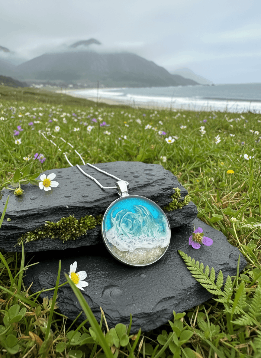 Colgante artesanal “Playa” – Madera y resina