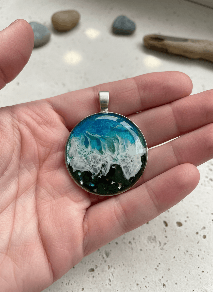 Colgante artesanal “Playa” – Madera y resina