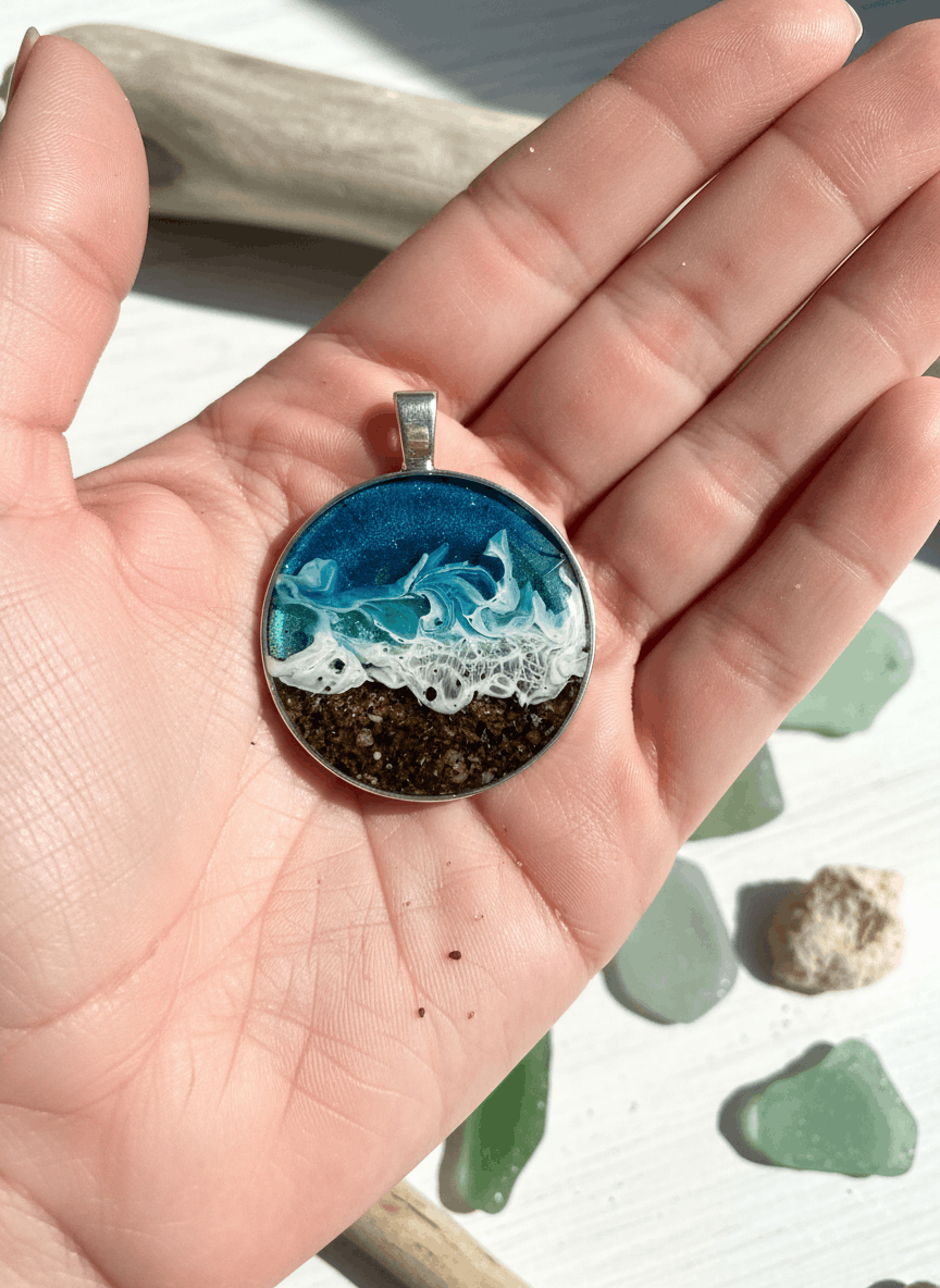 Colgante artesanal “Playa” – Madera y resina