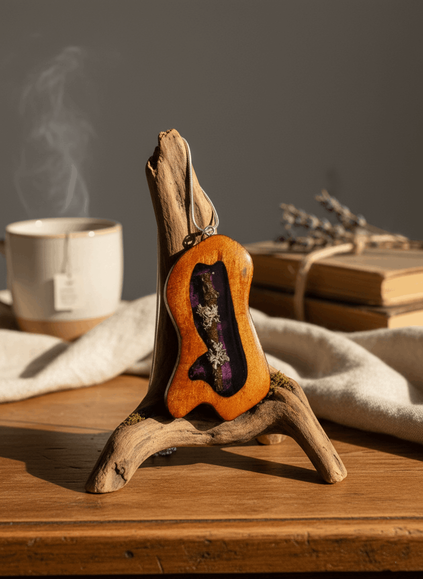 Colgante artesanal “Refugio” – Madera y resina