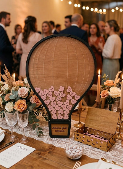 Cuadro de deseos boda en madera – Globo aerostático | Libro de firmas alternativo