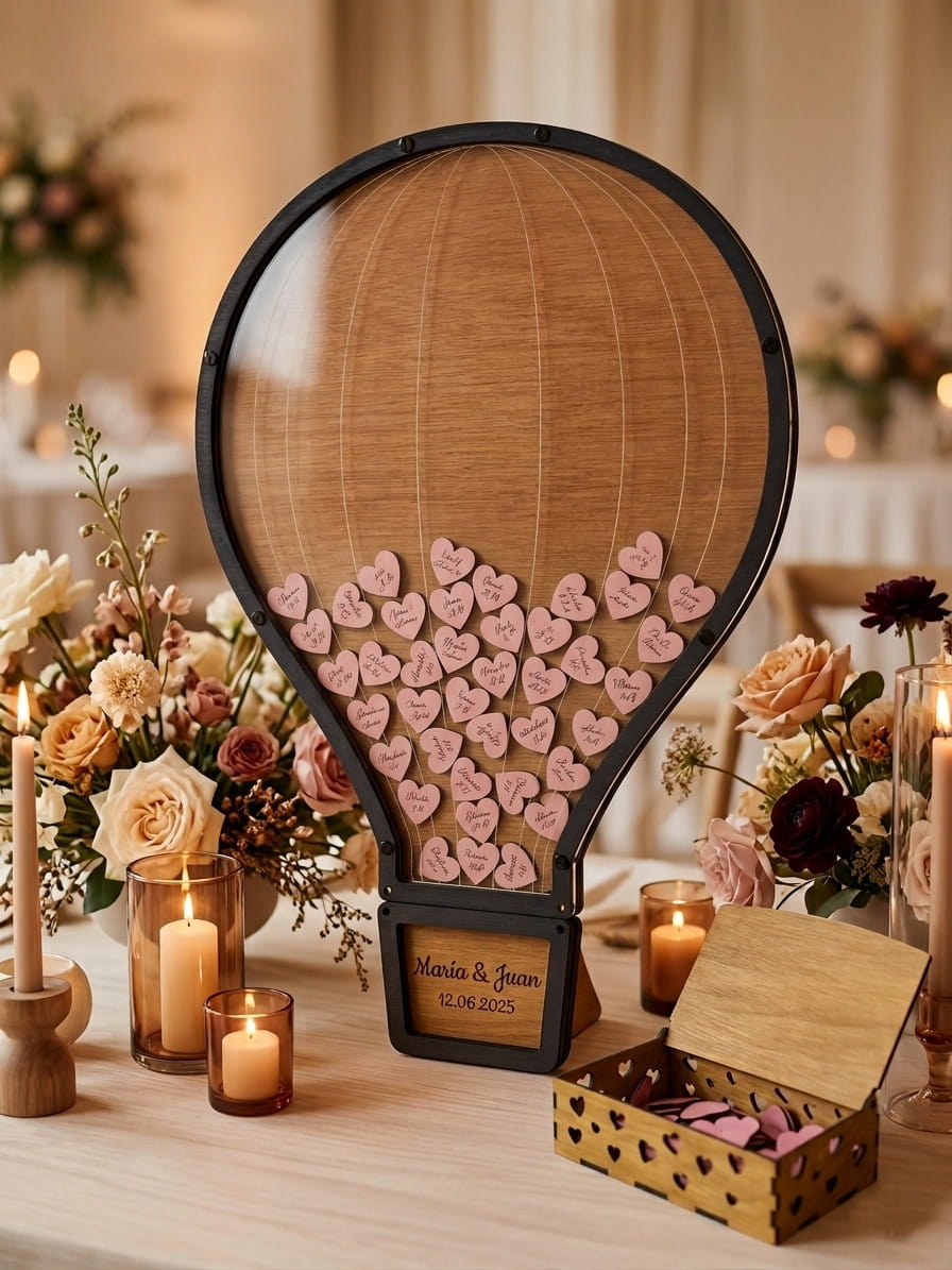 Cuadro de deseos boda en madera – Globo aerostático | Libro de firmas alternativo