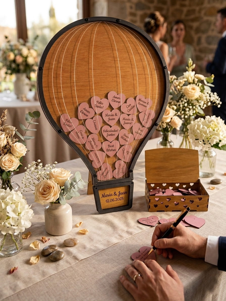 Cuadro de deseos boda en madera – Globo aerostático | Libro de firmas alternativo