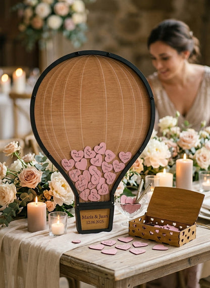 Cuadro de deseos boda en madera – Globo aerostático | Libro de firmas alternativo