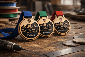 Medallas personalizadas de madera y metacrilato fabricadas por GRD Estudio Láser