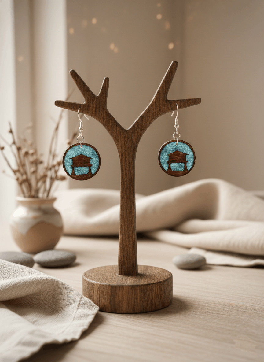Pendientes artesanales hórreo asturiano en madera y resina