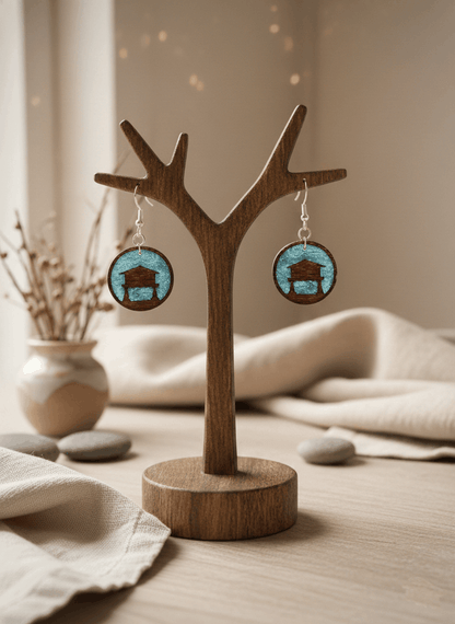 Pendientes artesanales hórreo asturiano en madera y resina