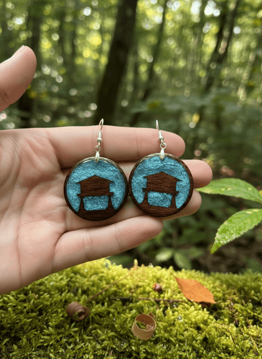 Pendientes artesanales hórreo asturiano en madera y resina