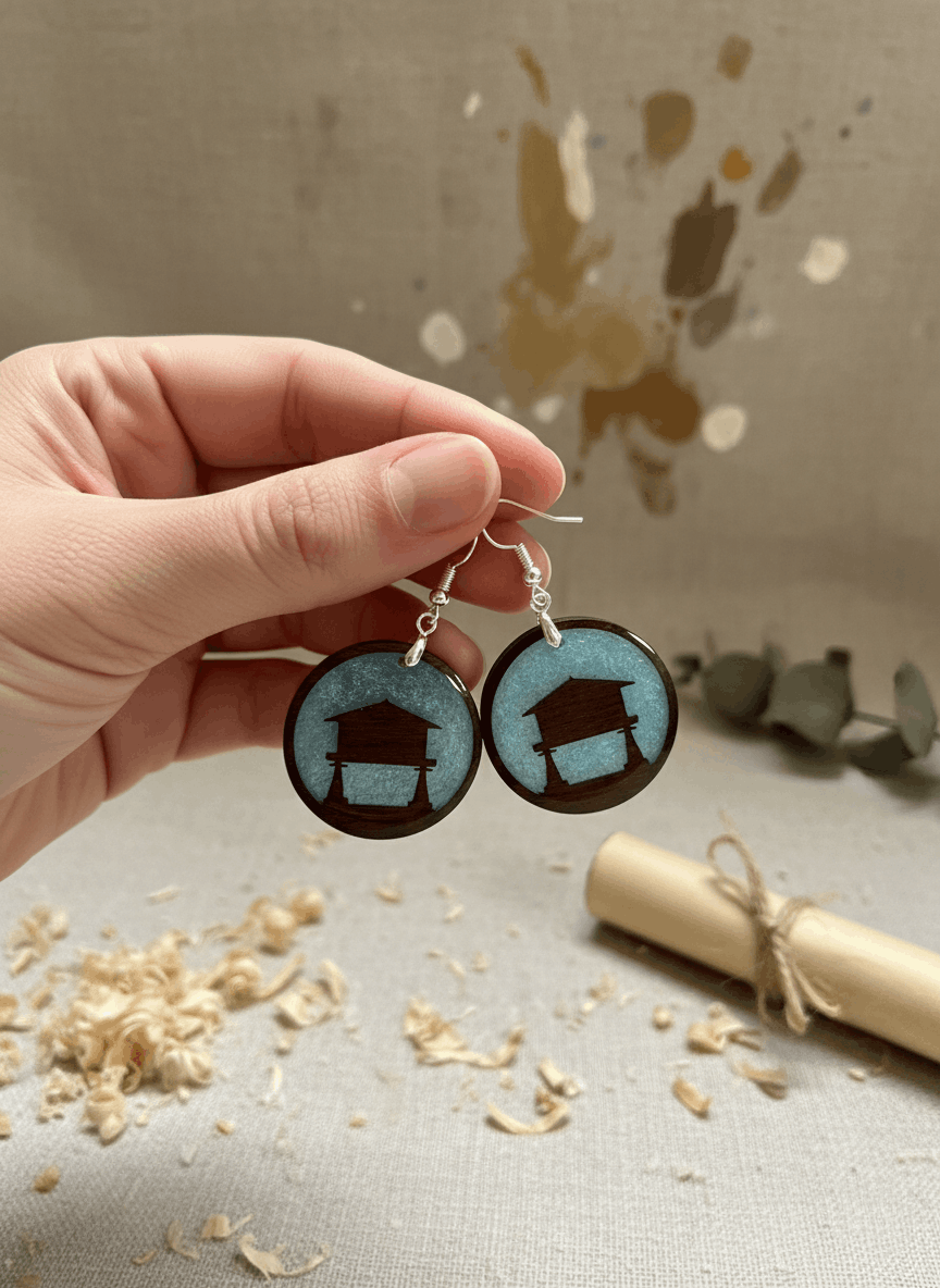 Pendientes artesanales hórreo asturiano en madera y resina