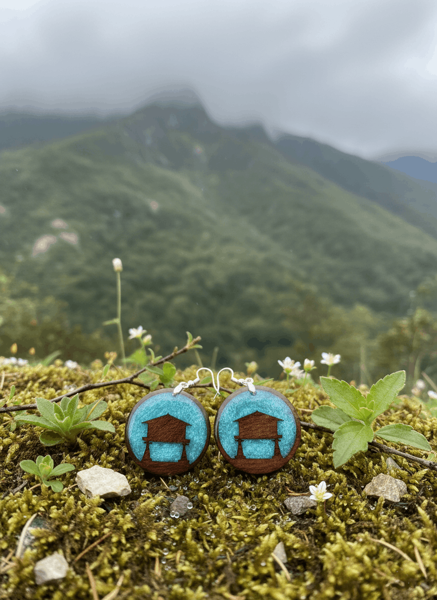 Pendientes artesanales hórreo asturiano en madera y resina