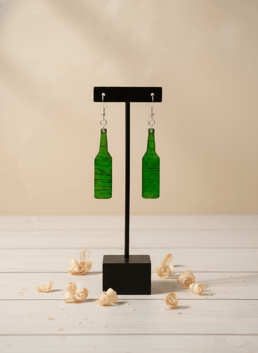 Pendientes artesanales botella de sidra – Madera pintada a mano