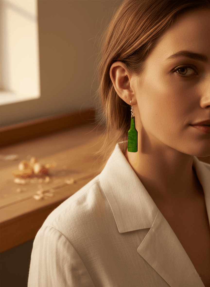 Pendientes artesanales botella de sidra – Madera pintada a mano