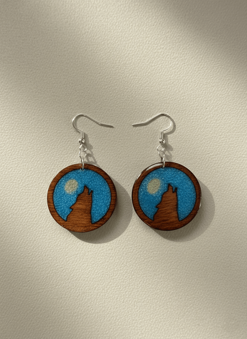 Pendientes artesanales homenaje al lobo ibérico – Madera y resina