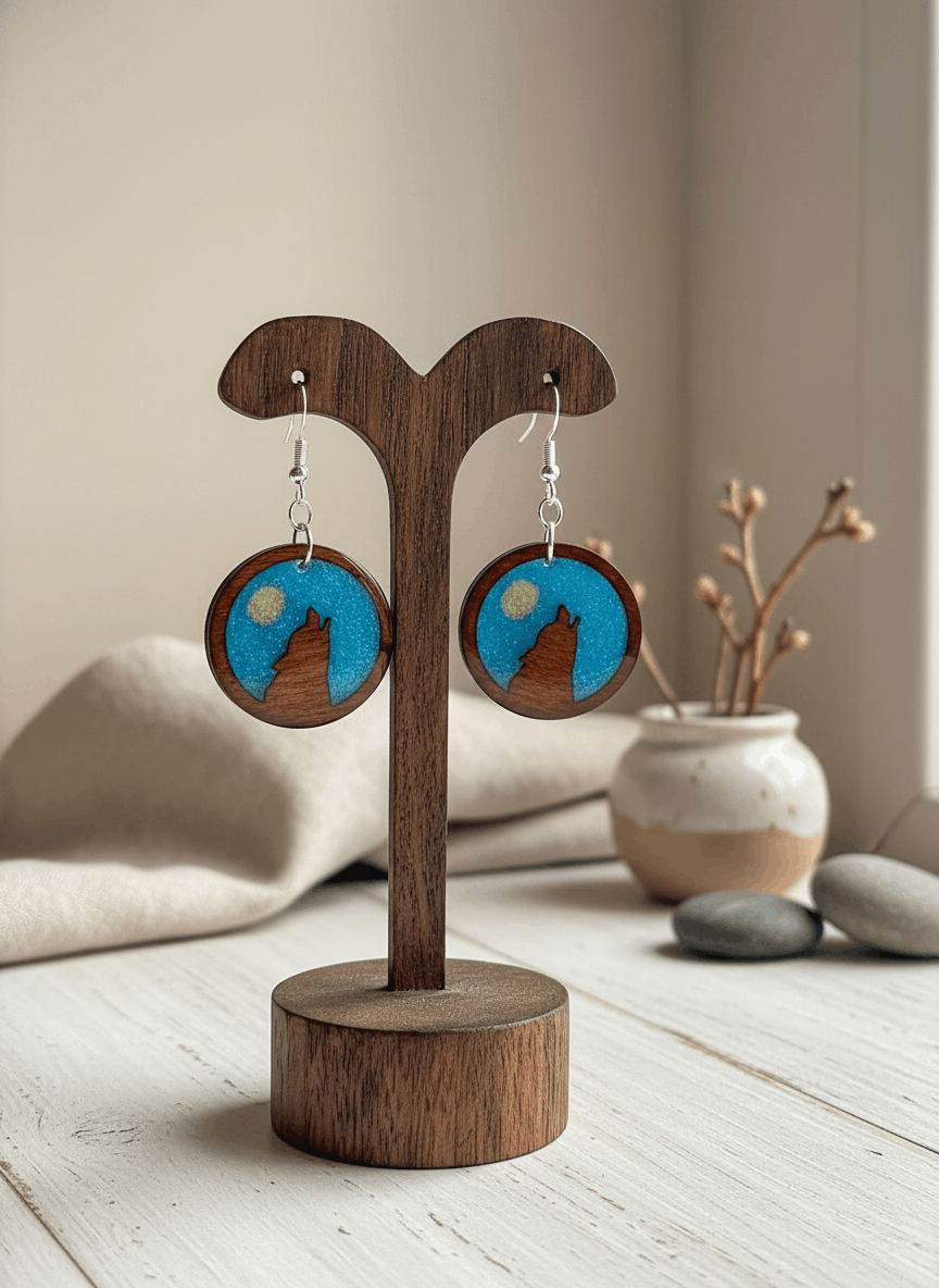 Pendientes artesanales homenaje al lobo ibérico – Madera y resina