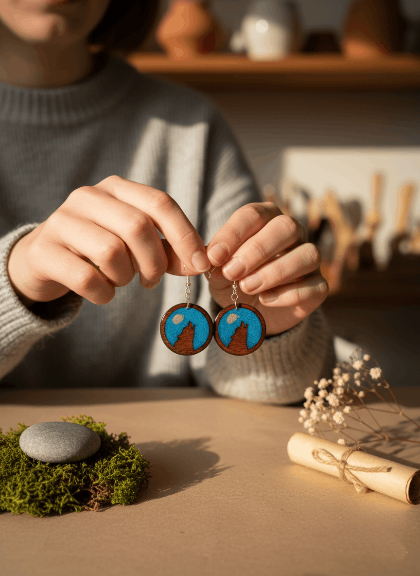 Pendientes artesanales homenaje al lobo ibérico – Madera y resina