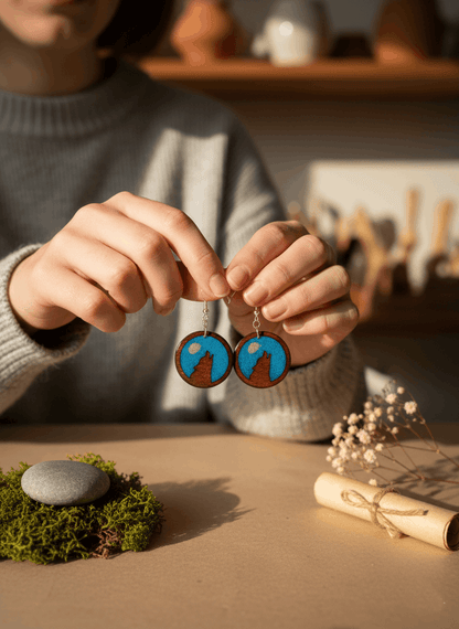 Pendientes artesanales homenaje al lobo ibérico – Madera y resina