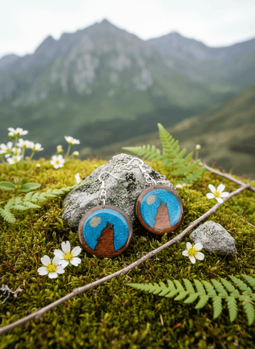 Pendientes artesanales homenaje al lobo ibérico – Madera y resina